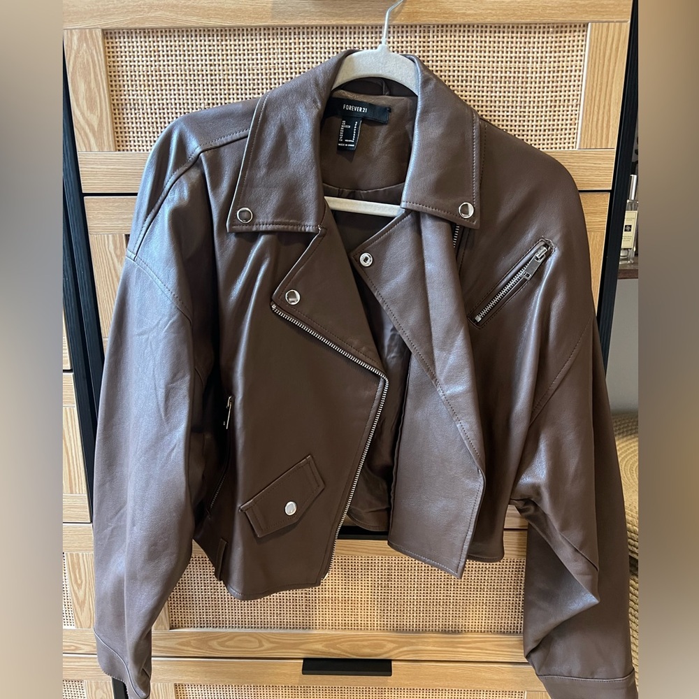 Brown faux leather biker jacket
